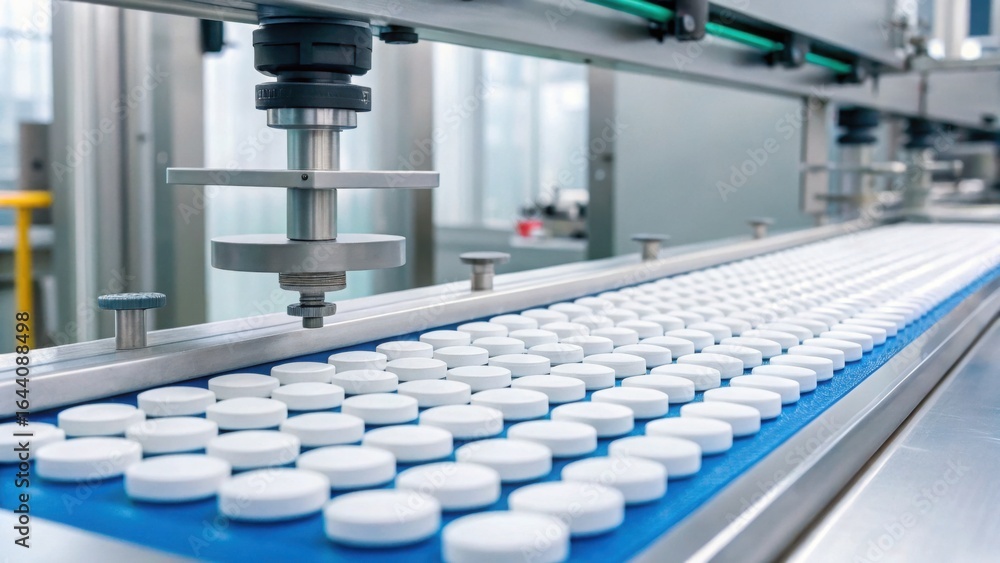Obraz premium Automated precision in motion a stream of white pills on a blue conveyor belt in a pharmaceutical