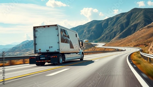 White semi-truck speeding down highway, hills in background, journey, motion