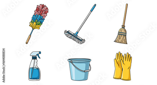 Essential Cleaning Tools Collection Dusting Mop Broom Spray Bottle Bucket Gloves Isolated Transparent Background