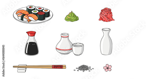 Delicious Sushi Plate With Wasabi Ginger Soy Sauce Sake And Chopsticks Isolated On Transparent Background