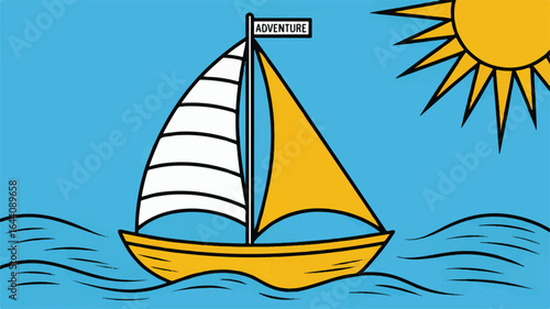 Illustration of a sailboat with adventure flag sailing on blue waters under a bright sun a cartoonish depiction of nautical adventure