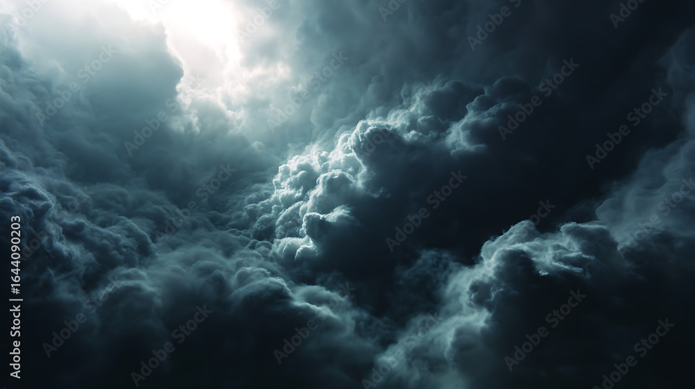 Obraz premium Dramatic stormy clouds illuminated by bright light dark moody