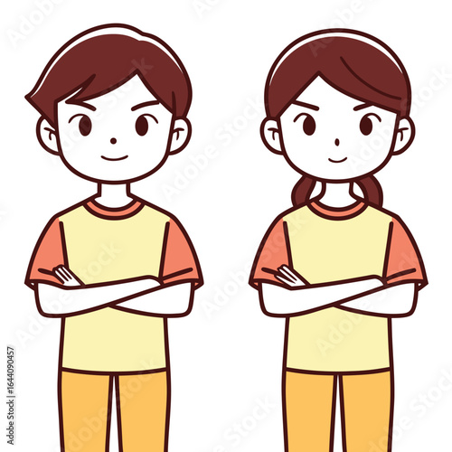 Young boy and girl siblings with confident expressions and arms crossed in matching clothes.