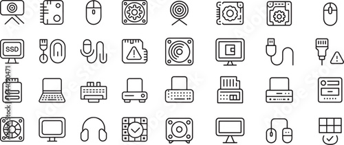 Set of line art computer and technology icons representing peripherals and components for interface design and digital platforms