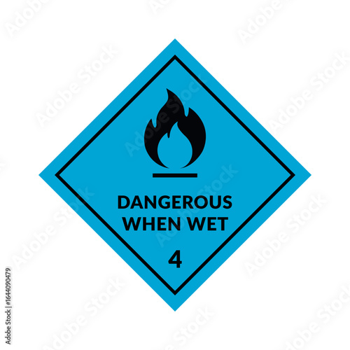 Dangerous When Wet Vector Label Class 4 of Hazardous Material. Flammable Solid Blue Sign in Flat Design Style on White Background. Safety Pictogram with Fire Symbol.