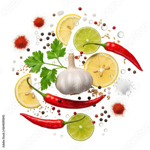 Fresh ingredients for cooking with chili, lemon, and garlic