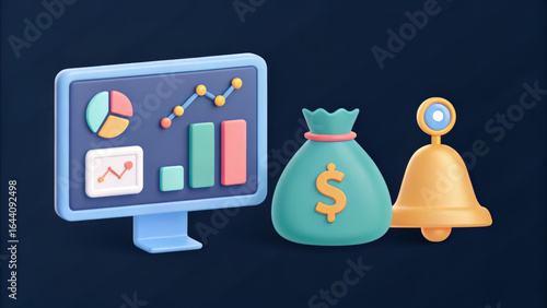 Financial performance analysis and investment opportunities visualized through computer screen charts, money bags, and alert bells, signifying business growth