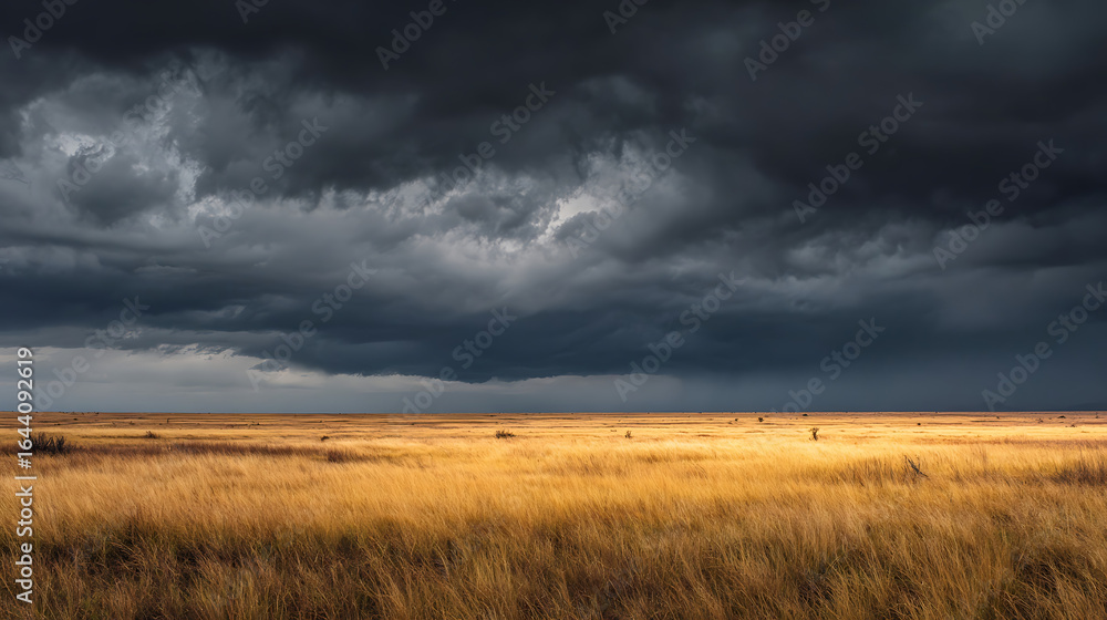 Fototapeta premium Dramatic storm clouds gather over golden savanna grassland image