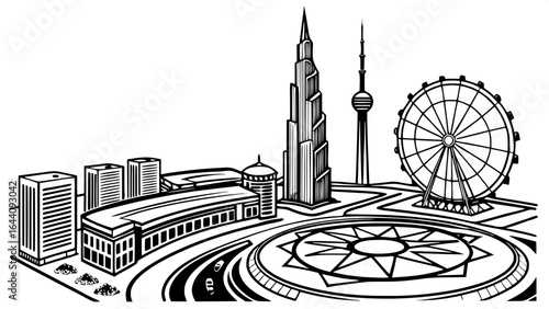 "Black and white elevated architectural illustration of Dubai cityscape, featuring skyscrapers in different designs, Ferris wheel, and circular plaza with geometric designs, drawn in detailed wirefram