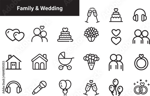Family and Wedding Vector Icon Set Line Style Illustrations Celebrating Love and Commitment with Essential Elements Symbolizing Togetherness and Joyful Moments