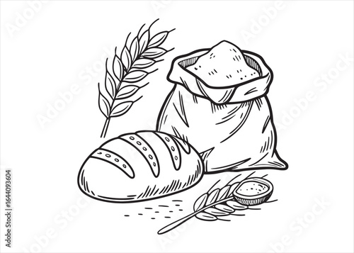 Artistic Monochrome Illustration of Bread Flour and Wheat Stalks for Baking Projects and Culinary Arts Designs