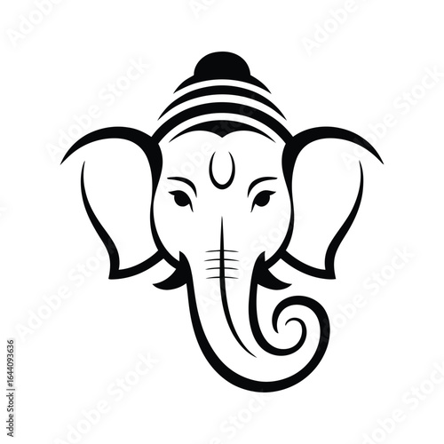 Minimalist Ganesh Chaturthi greeting card featuring elegant black and white line art of Lord Ganesha’s head with symbolic crown and tilak