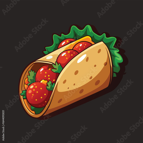 Adobe Illustrator Artwork Burritos wraps with beef and vegetables on black background. Beef burrito, mexican food
