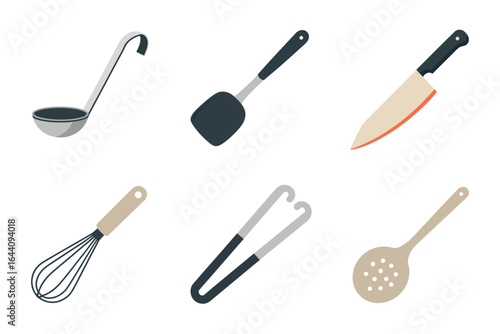Kitchen utensil mix, soup ladle pan scraper chef knife wire whisk serving tongs perforated spoon, cookware vector, restaurant tools