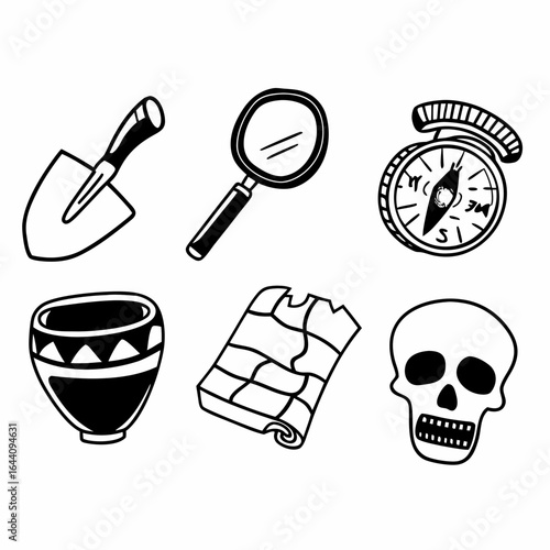 Archaeological tools and finds including a shovel, compass, pot and skull isolated on white background