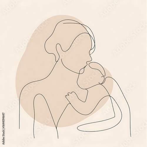 Minimalist breastfeeding awareness poster with single line art mother and baby on beige background