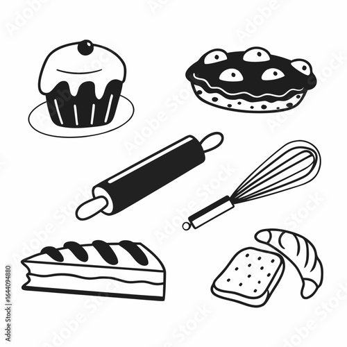 A collection of baked goods and baking tools, including cupcake, pie, rolling pin, whisk, bread isolated on white background