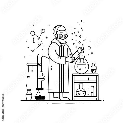 Scientist in lab coat conducting experiment with beakers and flasks in a laboratory setting shown