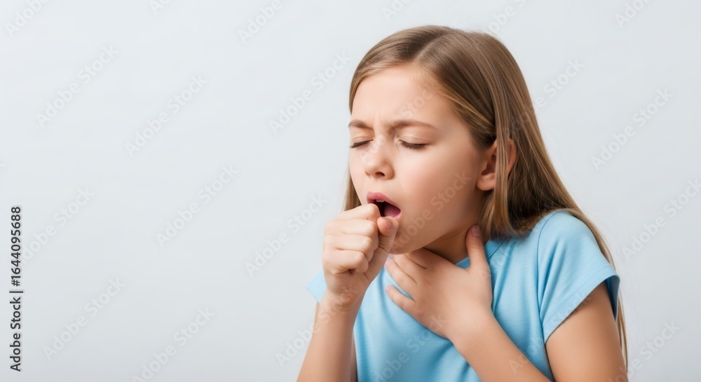 Young caucasian girl suffering from cough, holding hand on chest and fist to mouth, eyes closed. Health concept for child. Young caucasian girl suffering from cough, holding hand on chest and fist to mouth, eyes closed. Health concept for child.
