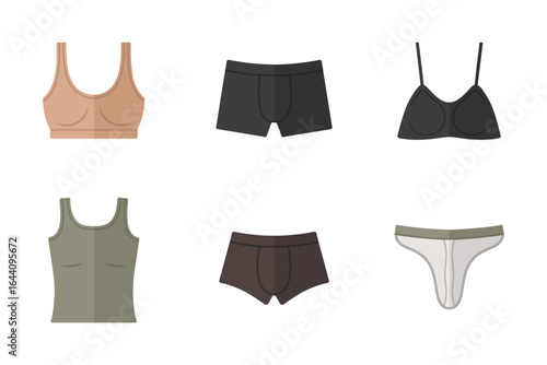 Intimate apparel icons, camisole bralette bra boxer brief thong vector, everyday underwear illustration, wardrobe basics clipart, fashion design elements