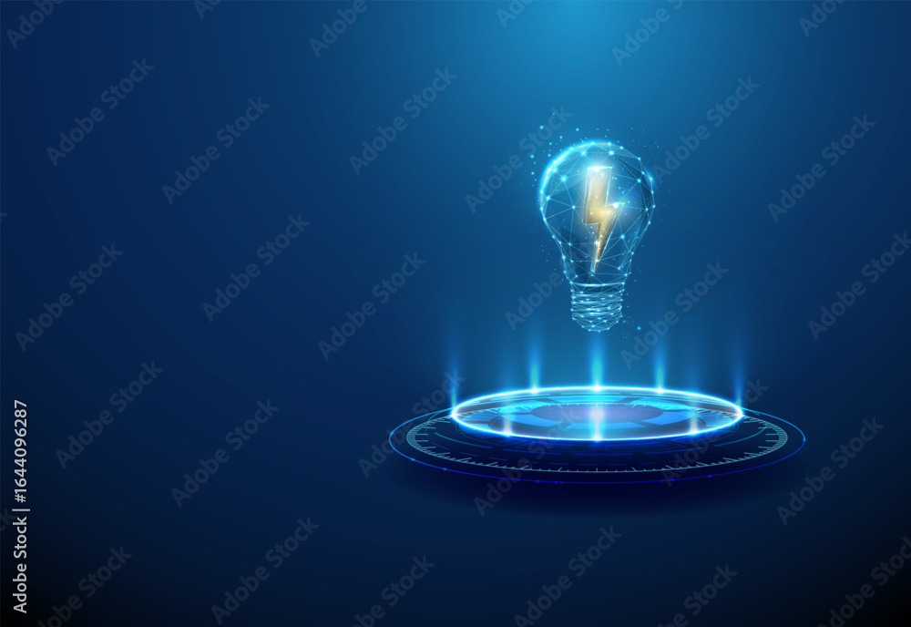 Light bulb with yellow lightning inside on futuristic podium. Renewable energy, sustainable power, clean energy innovation, eco-friendly technology, energy efficiency concept