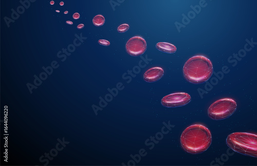 Stream of red blood cells flowing on blue background Blood circulation, oxygen transport, microcirculation, hematology research, cardiovascular health, medical diagnostics concept