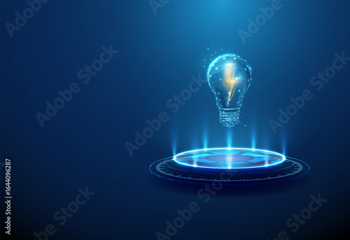 Light bulb with yellow lightning inside on futuristic podium. Renewable energy, sustainable power, clean energy innovation, eco-friendly technology, energy efficiency concept