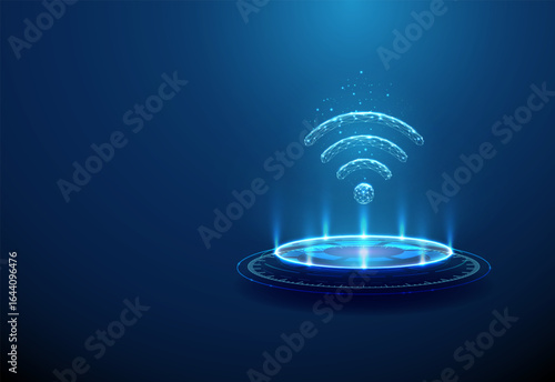 Wireless communication symbol on futuristic podium. Comprehensive connectivity, Wi-Fi, Li-Fi, 5G, 6G, edge computing, satellite internet technologies concept.