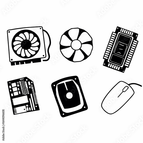 Illustration of computer components including fans, cards, motherboard, and mouse isolated on white background