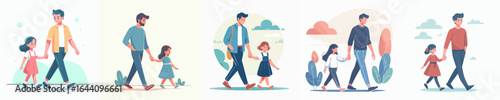 Modern Flat Illustration of Father and Daughter Walking Together Icon Set