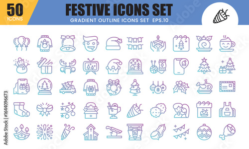 Festive Gradient Outline Icons Set. Vector illustration.This icons related to celebrations and festivals like Christmas, New Year, and more.