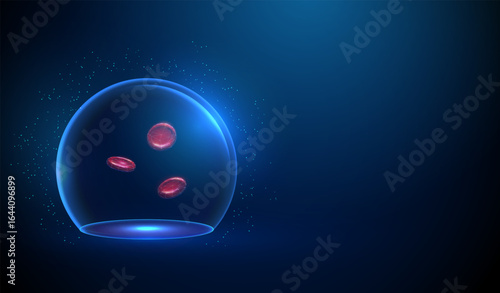 Red blood cells under glass dome. Hemolysis prevention, infection control, toxin defense, autoimmune reaction monitoring, blood cell preservation, hematology research concept.