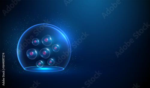 Blue stem cell cluster inside a glass dome. Neon sphere shield. Stem cell research, biobank storage, donor preservation, regenerative medicine, personalized therapy concept.