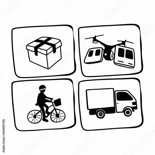 Hand drawn illustration of delivery methods including box, drone, bicycle and truck isolated on white background