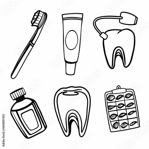 Dental care icons set, including tooth, toothbrush, paste, chart, and bottle isolated on white background