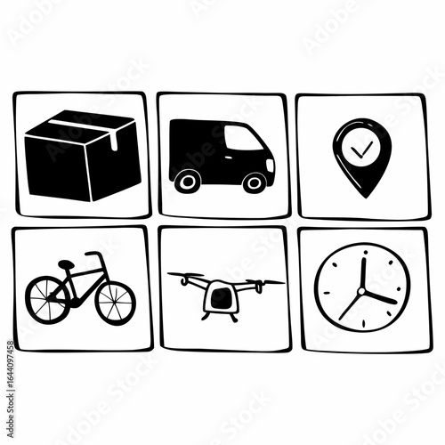 Delivery service icons set, including box, van, location, bicycle, drone, and clock isolated on white background