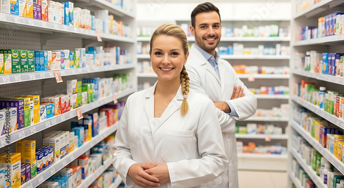 Photo of pharmacists in a pharmacy with shelves of medication