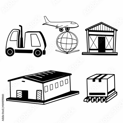 Illustration of transportation and logistics elements including forklift, airplane, warehouse isolated on white background