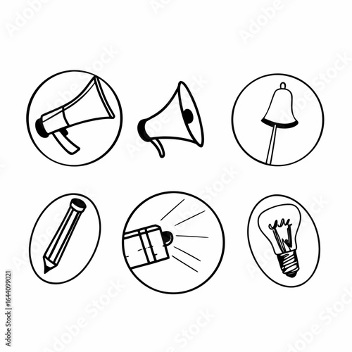 Hand drawn icons of megaphone, bell, pencil, flashlight and lightbulb isolated on white background