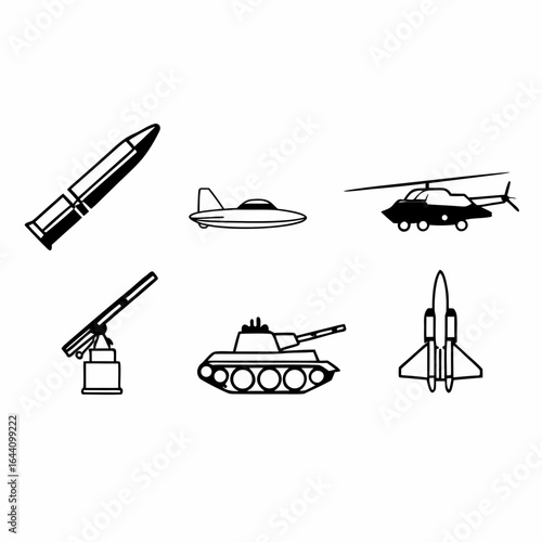 Illustration of military equipment and weaponry isolated on white background for graphic design projects