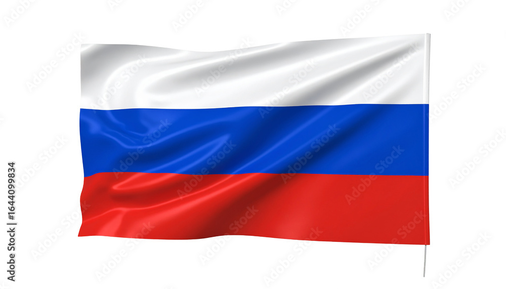 Fototapeta premium Russian flag waving on white background, national tricolor of Russia with silk texture, realistic 3D fabric ripples, isolated PNG for news and politics
