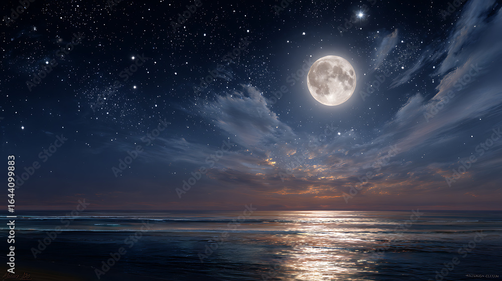 Fototapeta premium Luminescent moonlit ocean waves under a starry sky with wispy clouds night moonlight
