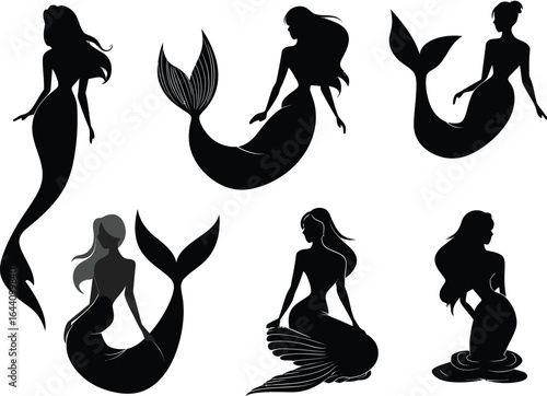Collection of graceful mermaid silhouettes showcasing mythical aquatic beings, elegant poses, and enchanting fantasy figures perfect for creative design projects and imaginative storytelling visuals.