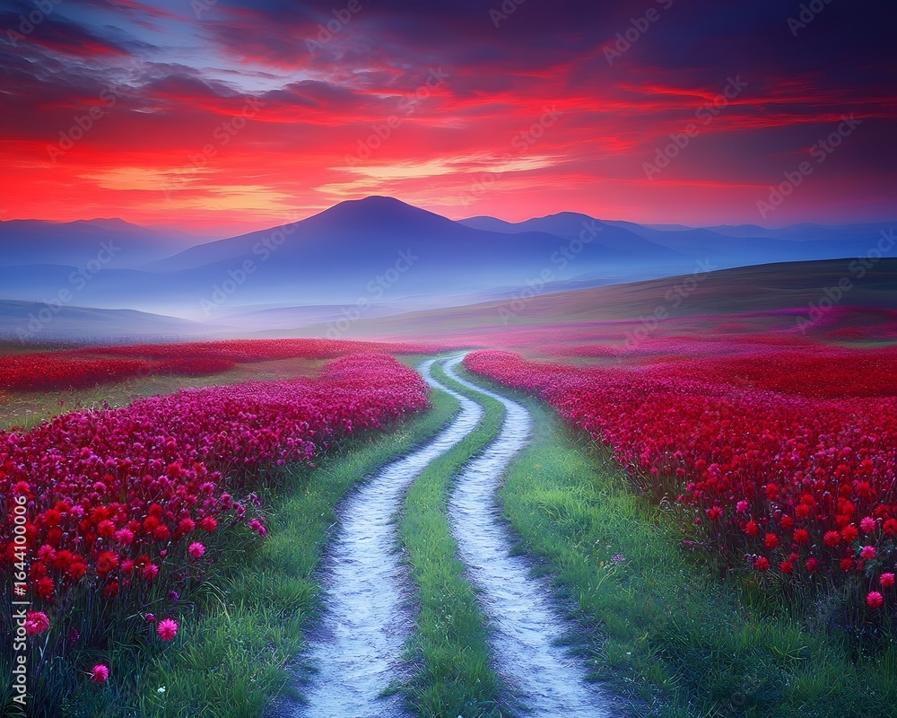 Fototapeta premium Scenic Sunset Path Through Vibrant Red Flower Field and Mountains