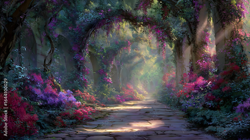 Obraz premium Enchanted forest path bathed in ethereal light with cascading floral blooms magical pathway vibrant flowers