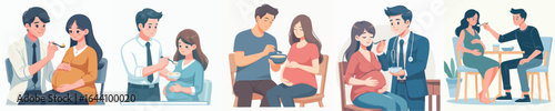 Illustration of Doctor Examining Pregnant Woman and Couple Anticipating Childbirth