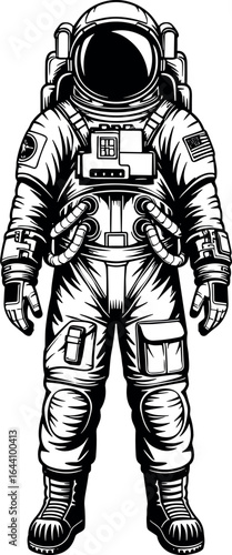 Astronaut in detailed spacesuit, black and white sketch, space exploration gear, science fiction concept, educational illustration, NASA theme