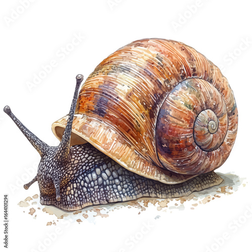 Large Land Snail, watercolor illustration vector, isolated on a white background.