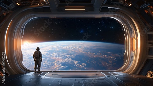 A lone astronaut stands on a spaceship deck gazing at Earth from space, with a breathtaking view of the planet and stars in the background.