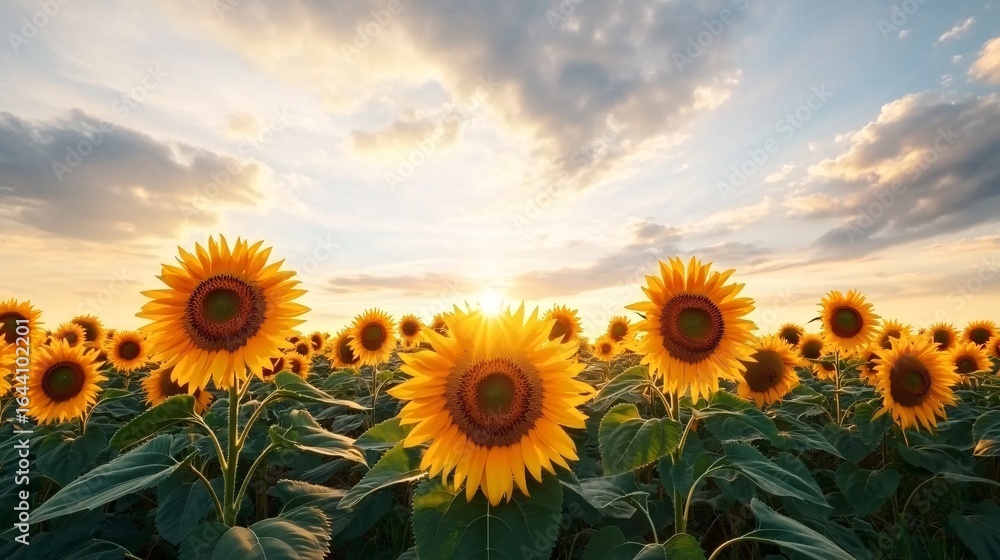 Fototapeta premium A stunning field of sunflowers basks in the glow of a vibrant sunset, with colorful skies and a sense of tranquility in this high-quality image.
